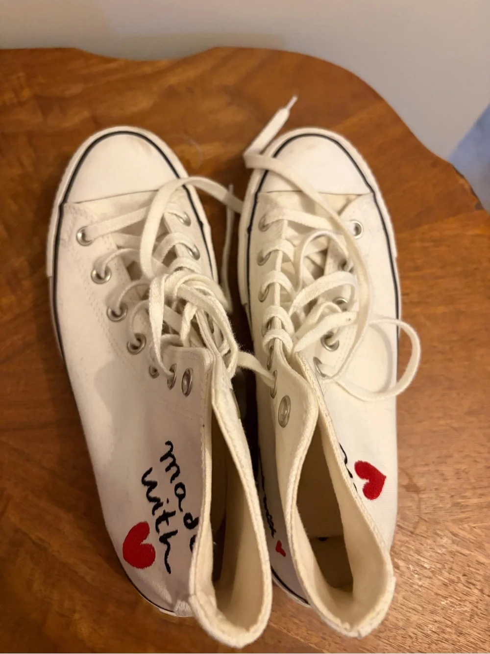 Canvas High-Top Sneakers with Red Heart Embroidery - White
